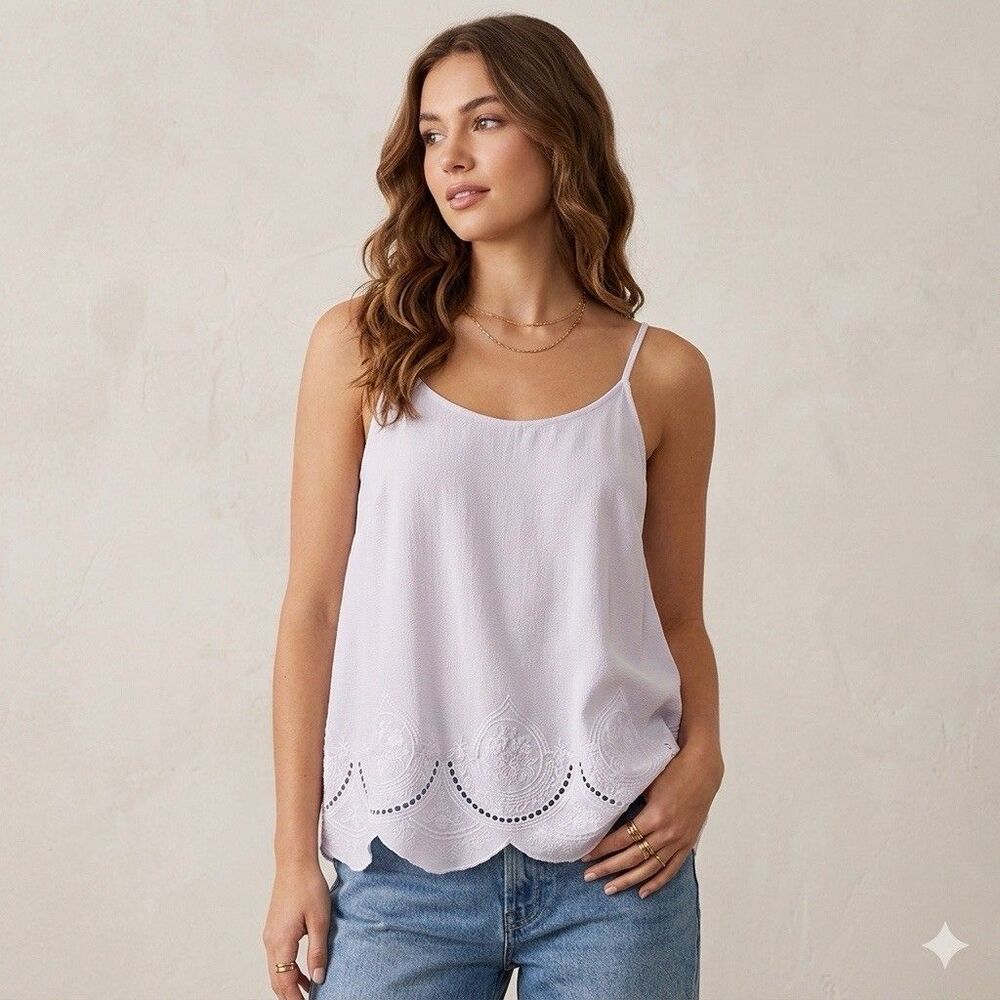 LOFT Womens Small S White Eyelet Polyester Scallop Hem Sleeveless Tank Blouse